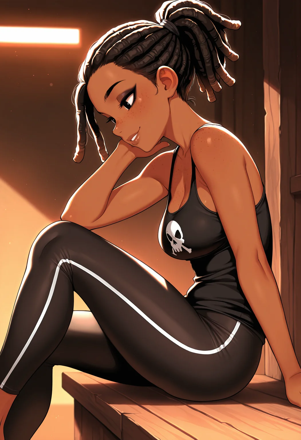 masterpiece, best quality, amazing quality, absurdres, vibrant lighting, side view, sitting down, mid shot, adult female, 1girl, solo, brown skin, black eyes, eyeliner, full lips, smile, freckles, short hair, ponytail, dreadlocks, petite, medium breasts, freckles, black tank top, skull logo, black leggings,