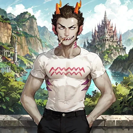 Cronus Ampora, grey skin, cigarette in mouth, white eyes, score_9, score_8_up, score_7_up,  source_anime, male, white shirt, black pants, island, full body, front view, sharp teeth, no pupils, gills, smirk, raised eyebrow, smug, skinny,