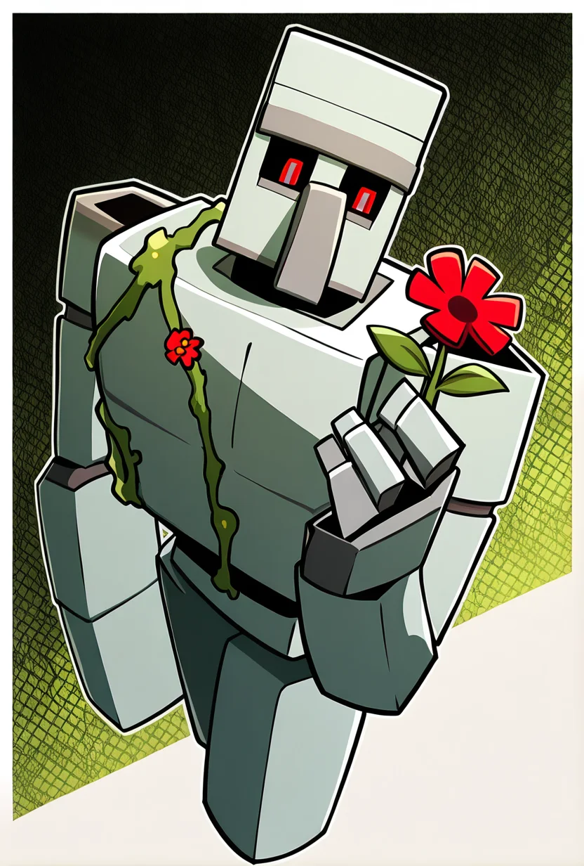 <lora:ironglem-10:1> ironglem, no humans, red eyes, black sclera, red pupils, standing, solo, robot, big nose, long nose, no mouth, plant, grey metal body, vines, mecha, moss, red flower, thick monobrow, upper body, cropped legs, no legs, dynamic angle. pose, holding flower, reaching out with flower,, masterpiece, best quality, amazing quality, very aesthetic, absurdres, newest,, upper body, halftone effect, white borders, abstract background:1.2,