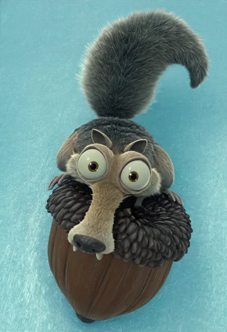 Masterpiece, absurdres, Scrat, solo, long snout, bushy tail, bulging eyes, holding a huge acorn, icy tundra background