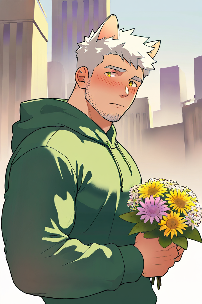masterpiece, best quality, highres, newest, 1boy, bara, solo, male focus, mature male, short hair, white hair, yellow eyes, looking at viewer, upper body, blush, shy, standing, green hoodie, lond long sleeves, animal ears, cat ears, cat boy, holding flower, holding bouquet, outdoors, city, building <lora:OIS - Bara Style 5 [LoRA] - NoobAI-XL EPS 1.0:0.7>