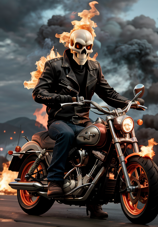 <lora:Ghost_Rider:0.8>, Ghost_Rider, burning, Explosion background, riding motorcycle,