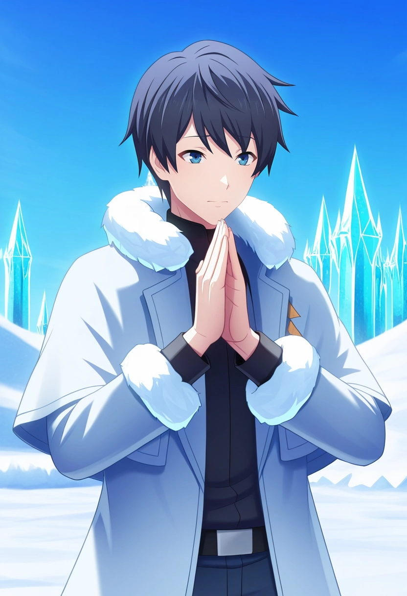 masterpiece, best quality, intricate details, (3d:0.4),, 1boy, solo, male focus, <lora:touya_mochizuki_ilxl:0.98>, touya_mochizuki, black hair, blue eyes, , frost cathedral, ice spires, frozen chambers, snow pews, praying pose, solemn expression, winter light,
