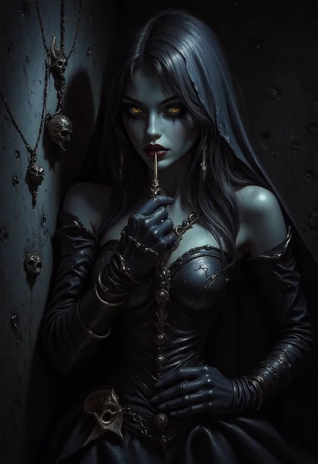 masterpiece, realistic scenery, ultra high quality, a gorgeous 23yo vampire woman cleans her vampire teeths after a long night, dark medival room in a castle, completely covered from the neck down, a vampire bat hangs upside down on a wall, dawn, ambient lighting, extreme close-up, (SFW:1.2), dark fantasy, eerie, horror, ArsMJStyle, dnddarkestfantasy, <lora:Flux Darkfantasy_epoch_1>, <lora:DnDDarkestFantasy>