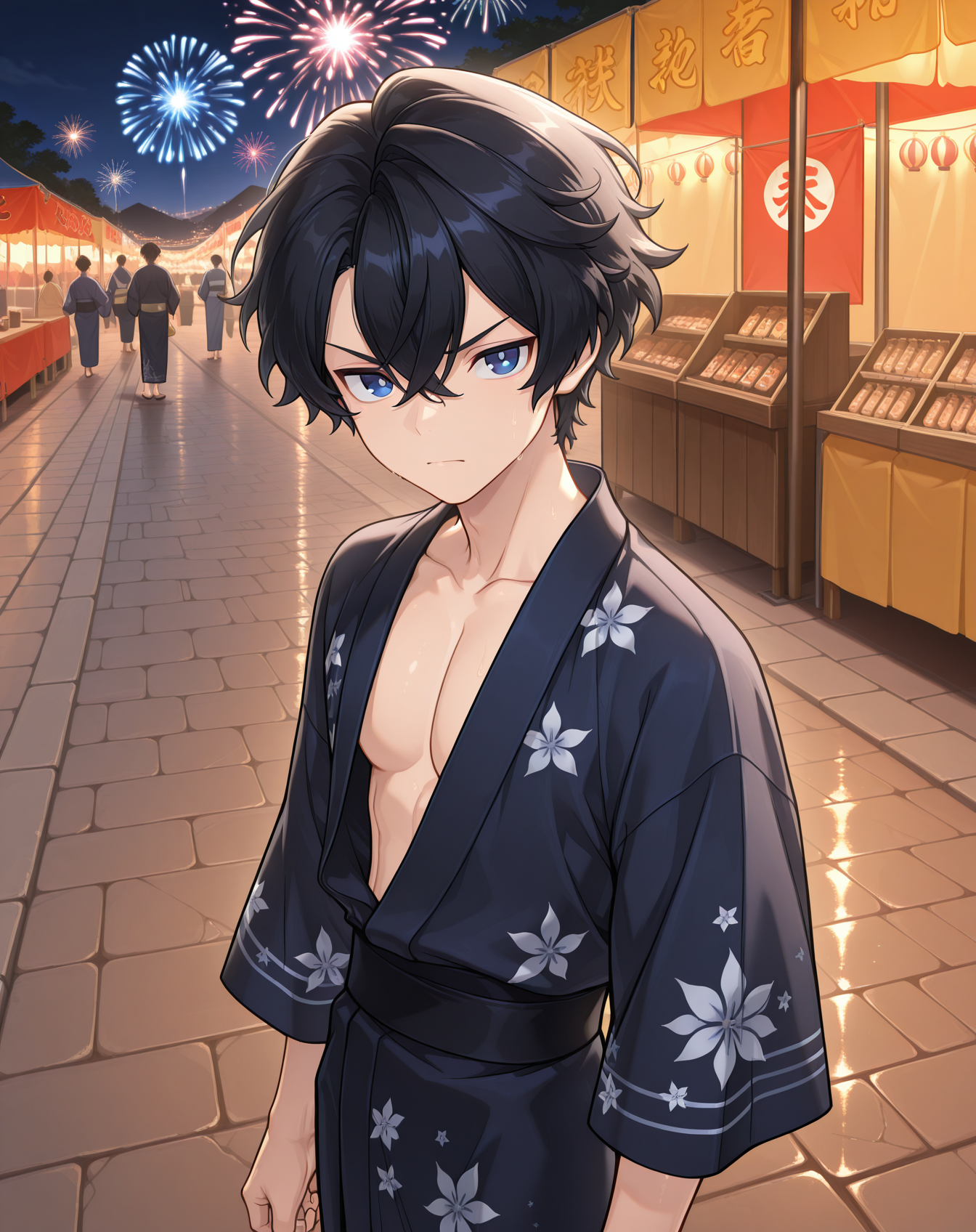 masterpiece,best quality,amazing quality, newest, very aesthetic, absurdres,
1boy, solo, yaoi, male focus, looking at viewer, cowboy shot,
 <lora:Noah_Celestia_ilxl:1> noahcl, short hair, black hair, hair between eyes, blue eyes, crossed bangs, v-shaped eyebrows,
yukata, open clothes,
outdoors, festival, night, fireworks, stone floor,