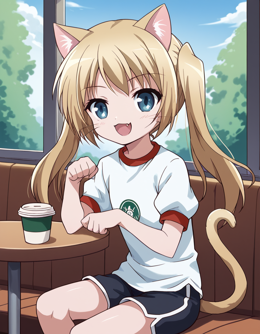 score_9, score_8_up, score_7_up, source_anime, <lora:maho-misawa-s1-ponyxl-lora-nochekaiser:1>, maho misawa, long hair, blue eyes, blonde hair, twintails,, gym uniform, shorts, black shorts, dolphin shorts, cafe, coffee cup, barista, sitting down, talking, relaxing, sunlight through window, smile, <lora:paw-pose-ponyxl-lora-nochekaiser:1>, paw pose, cat ears, cat tail, animal ears, tail, cat girl, open mouth, fang, whiskers,, looking at viewer, solo,, dutch angle, cowboy shot