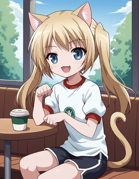 score_9, score_8_up, score_7_up, source_anime, <lora:maho-misawa-s1-ponyxl-lora-nochekaiser:1>, maho misawa, long hair, blue eyes, blonde hair, twintails,, gym uniform, shorts, black shorts, dolphin shorts, cafe, coffee cup, barista, sitting down, talking, relaxing, sunlight through window, smile, <lora:paw-pose-ponyxl-lora-nochekaiser:1>, paw pose, cat ears, cat tail, animal ears, tail, cat girl, open mouth, fang, whiskers,, looking at viewer, solo,, dutch angle, cowboy shot