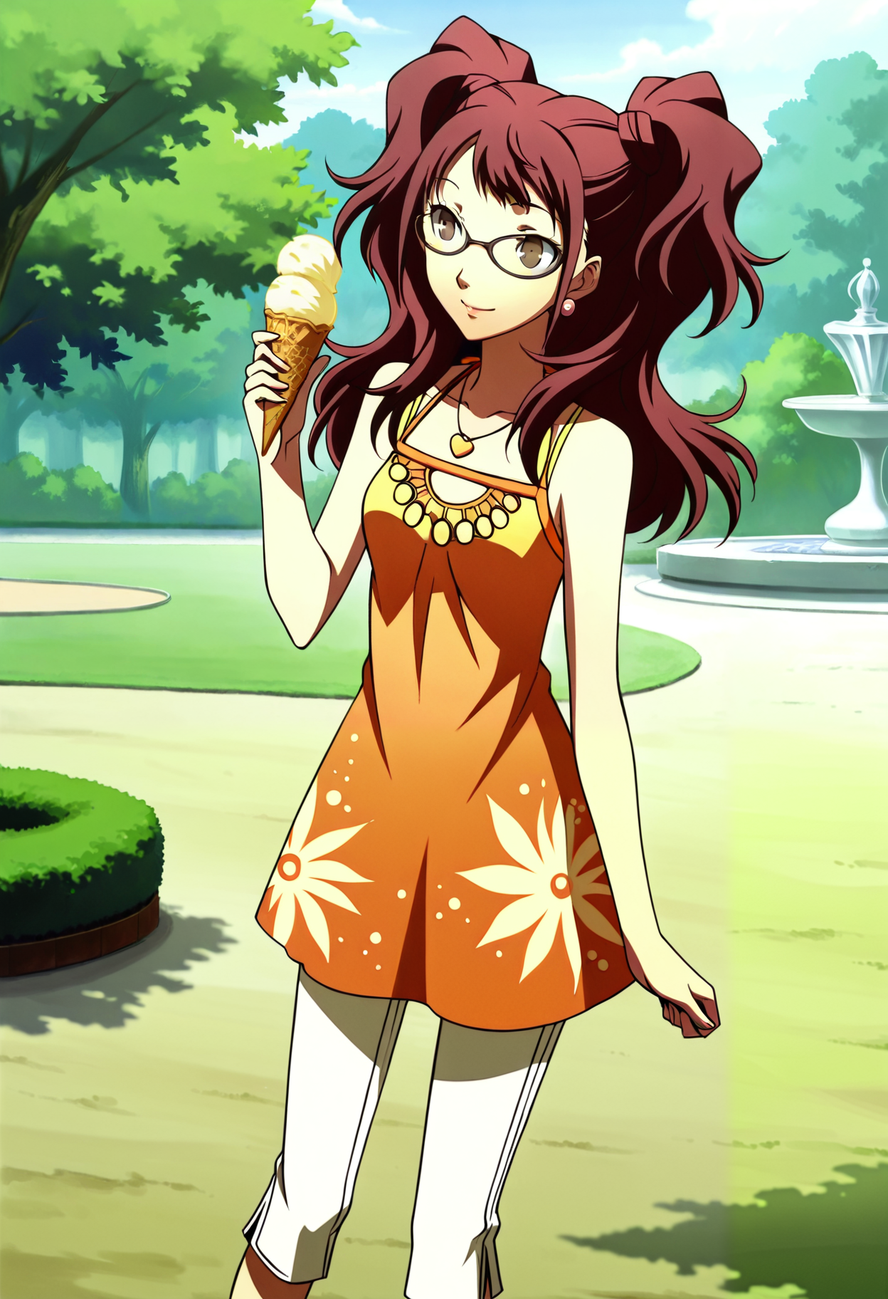 1 girl, solo, cute face,
p4rise, kujikawa rise, twintails, long hair, red hair, brown eyes, earrings, 
p4risesummer, kujikawa rise, dress, orange dress, capri pants, casual, glasses,
ice cream cone, smile,
park, pavillion,
masterpiece, best quality, ultra detailed,