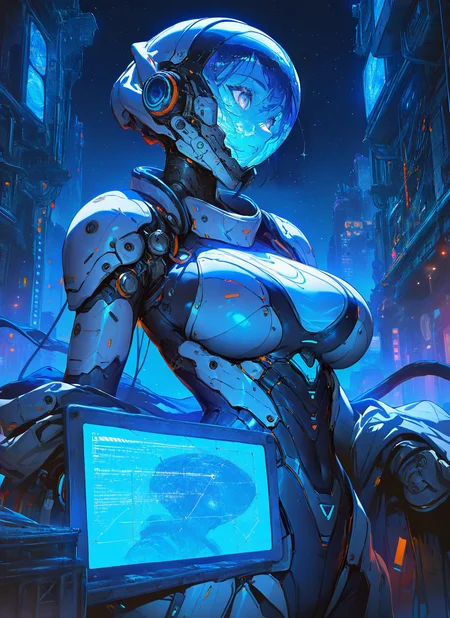 masterpiece, best quality, newest, absurdres, highres, painting, mcnm, 1girl, helmet, large breasts, night sky, digital screen, detailed, <lora:Mechanism-Illustious:1.0>