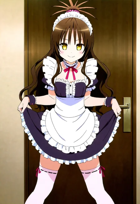 masterpiece, best quality, 1girl, solo, medium breasts, long hair, blush, smile, skirt, brown hair, thighhighs, yellow eyes, clothes lift, apron, zettai ryouiki, wrist cuffs, maid, maid headdress, skirt lift, enmaided, door, yuuki mikan, looking at viewer, frills, choker, white thighhighs, dynamic pose, smile, looking at viewer, ,<lora:ToLoveRu_Style_NAI:1.0>,
