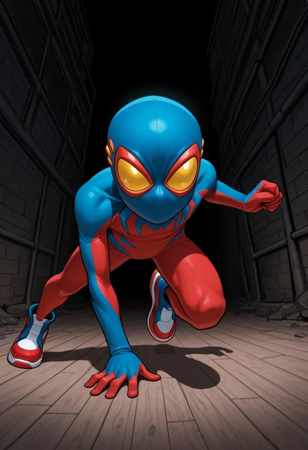 1boy, male focus, cute boy, BaileyBriggs, Mask, Yellow Eyes, Spiderboy Costume, Two-tone Bodysuit, Red Bodysuit, Blue Bodysuit, Red Blue Sneakers, cinematic, intricately detailed illustration, depth of field, masterpiece, best quality, amazing quality, very aesthetic, absurdres, newest, very awa, shadow, dynamic angle, casual cosplay, dynamic pose,  action pose,