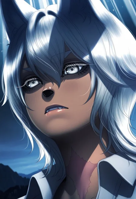 HDR, 8K, high contrast, masterpiece, best quality, amazing quality, very aesthetically pleasing, superabsurd res, high resolution, ultra-detailed, absurdres, latest, landscape, (horikoshi kouhei:0.3), (quasarcake:0.3), (wlop:0.3), light rays, chiaroscuro, dynamic angle, Dutch angle, close-up, Naberius_Barel, 1girl, grey eyes, white eyes, short hair, hair between eyes, white hair, wolf girl, animal ears, wolf ears, dark-skinned female, dark skin, scar, scar on neck, BREAK, photorealistic, beautiful detailed eyes, detailed skin, detailed hair, volumetric lighting, spotty light, particles of light, dramatic shadows, cinematic lighting, depth of field,