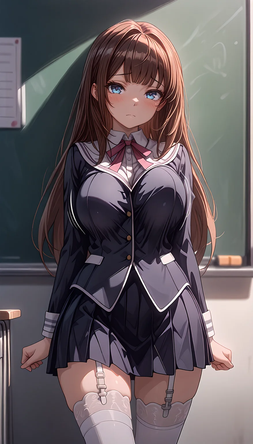 masterpiece,best quality,amazing quality, <lora:IL_Between_pencils_and_semi-realism_Style:1> stbedap, depth of field, (solo:1.2), 1girl, <lora:Charlotte_Futsuma_Shoujo:0.9> enchal, scuni, brown hair, blue eyes, school uniform, white garter straps, white thighhighs, bouncing breasts, aroused, safe, looking at viewer, chalkboard,
