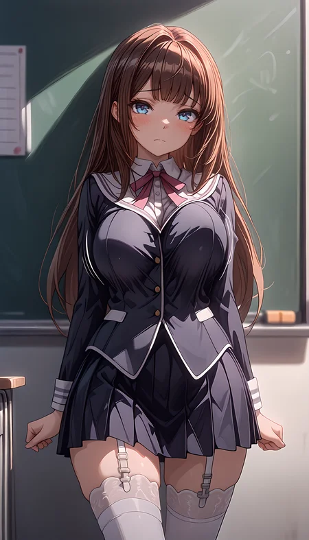 masterpiece,best quality,amazing quality, <lora:IL_Between_pencils_and_semi-realism_Style:1> stbedap, depth of field, (solo:1.2), 1girl, <lora:Charlotte_Futsuma_Shoujo:0.9> enchal, scuni, brown hair, blue eyes, school uniform, white garter straps, white thighhighs, bouncing breasts, aroused, safe, looking at viewer, chalkboard,