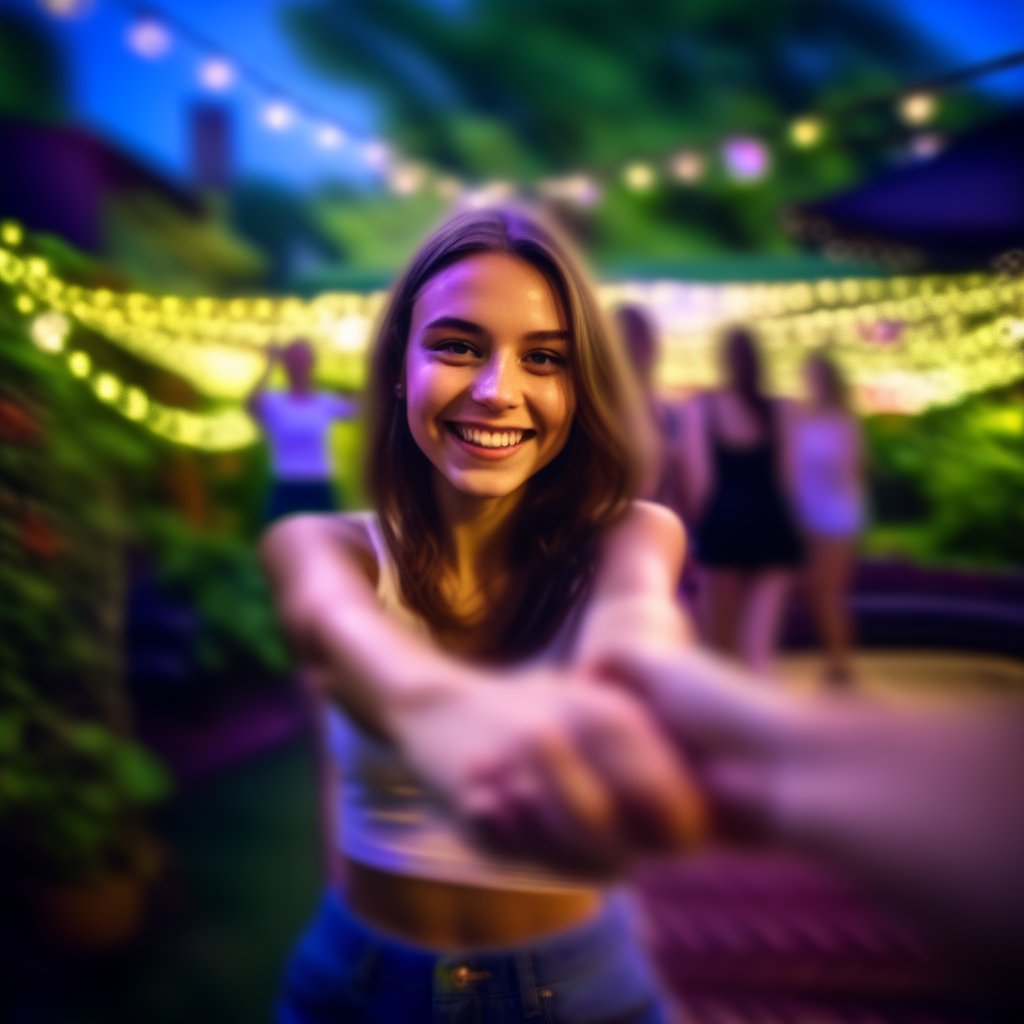 povdanc  girl  in garden holding hands in nigcht club bokeh background in motion<lora:povdanc:1>