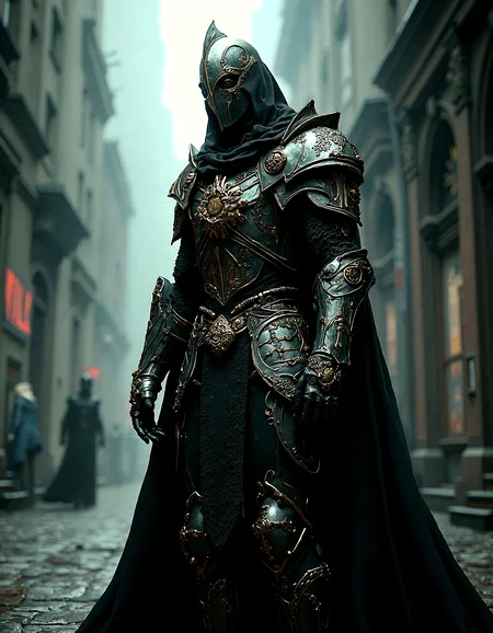Gothic-inspired art featuring a figure in detailed, medieval-style armor with gold accents, standing in a dark, moody cyberpunk cityscape. The high contrast and dramatic lighting create a richly textured, atmospheric scene, with sharp shadows and intricate details. The composition is captured with no depth of field, ensuring every element is sharply defined.