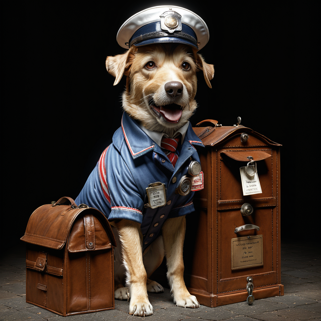 midjourneylora, dog, dressed as mailman,Photorealistic, Ultra-high detail, lifelike textures, realistic lighting, high-resolution