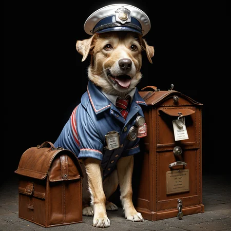 midjourneylora, dog, dressed as mailman,Photorealistic, Ultra-high detail, lifelike textures, realistic lighting, high-resolution