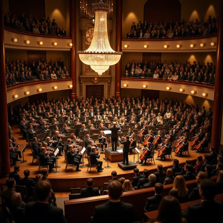Isometric style artwork depicting an orchestra concert. The hall is filled with well-dressed spectators. A conductor, somewhat resembling Herbert von Karajan, stands on the podium and plays great music with a 50-piece orchestra lined up on stage. It's the ultimate artistic moment, and everyone is immersed in the sonic pleasure. The isometric perspective creates a sense of depth and miniature scale. Gorgeous chandelier, enchanting night, focus on conductor(1.5),<lora:Flux.1_Turbo_Detailer:0.7> <lora:Diorama_Flux:1> A miniature diorama of