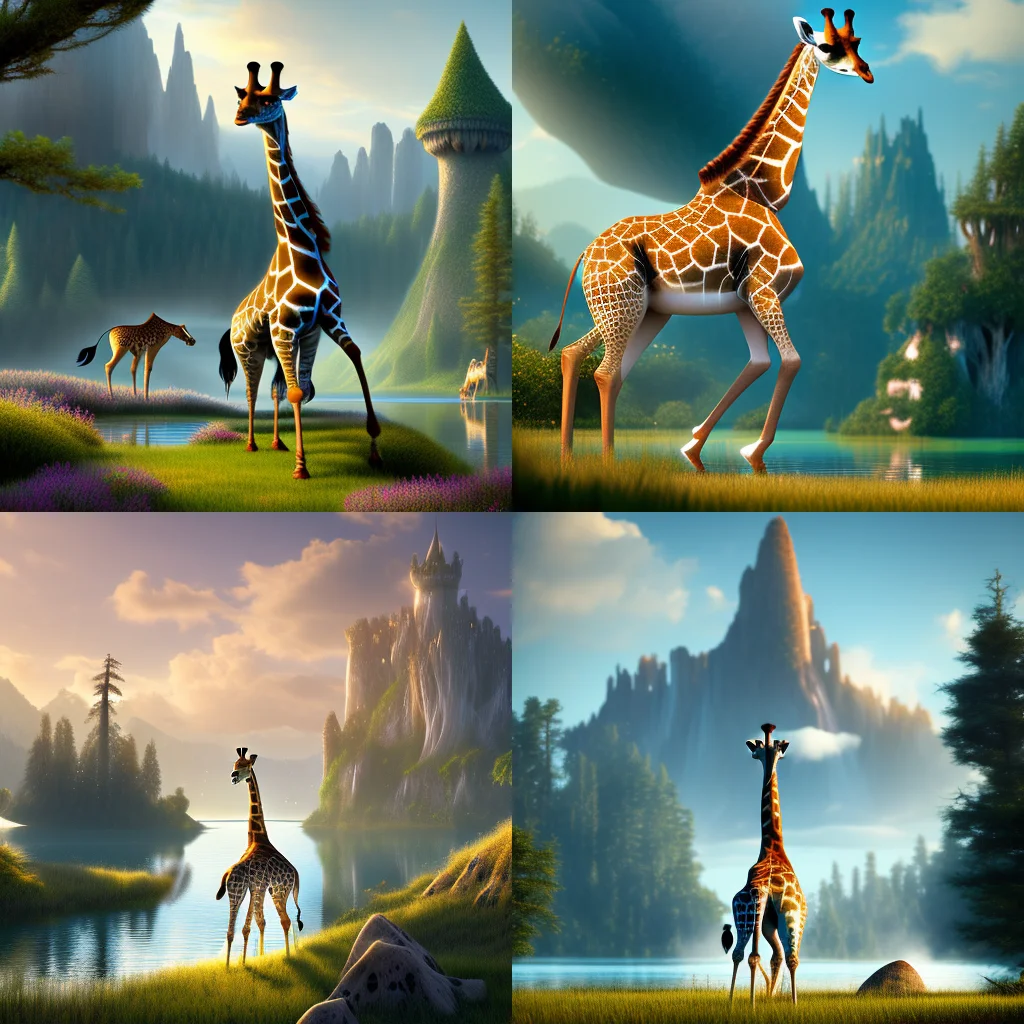 a giraffe running in a lake castle faraway in horizon, cartoona-animals