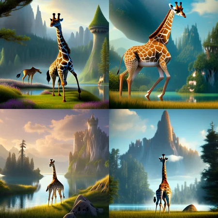 a giraffe running in a lake castle faraway in horizon, cartoona-animals