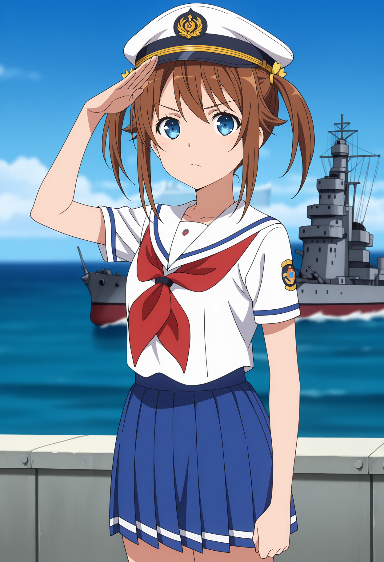 anime screencap, masterpiece, best quality,
<lora:HighSchoolFleet_MisakiAkeno_IlluXL:0.9>,
1girl, solo, serious,
short twintails, brown hair, blue eyes,
sailor hat, white sailor collar, white shirt, red neckerchief, short sleeves, pleated skirt, blue skirt,
salute, standing, looking at viewer, cowboy shot,
horizon, dock, outdoors, battleship, warship, blue sky, blurry background