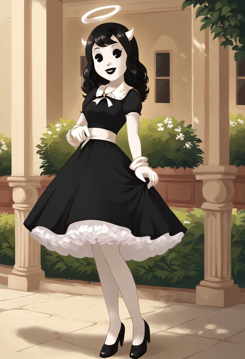 (Masterpiece, best quality:1.2), score_9, score_8_up, flat color, flat shading, soft shading, lighting, Alice Angel in a 1950's dress, a fluffy frilly ruffled full petticoat, and high heels, dress, layered petticoat, frilly petticoat, fluffy petticoat, full petticoat, wide dress, flowing dress, solid colored skirt, short sleeves, black hair, Bendy and The Ink Machine, series accurate, cute, best high quality, high res, black lips, white colored skin, whole body shot, 1girl, solo, outside, posing, in a garden, cute, adorable, smile, skirt tug, ground level angle, dress lift, cartoon, cartoon style, vector, solo, circle dress, 1950s, alice angel