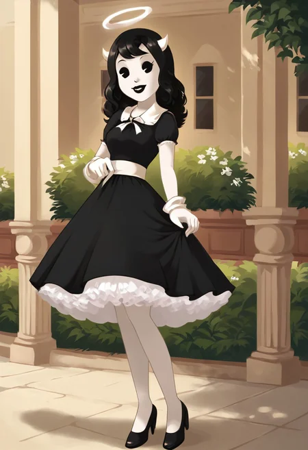 (Masterpiece, best quality:1.2), score_9, score_8_up, flat color, flat shading, soft shading, lighting, Alice Angel in a 1950's dress, a fluffy frilly ruffled full petticoat, and high heels, dress, layered petticoat, frilly petticoat, fluffy petticoat, full petticoat, wide dress, flowing dress, solid colored skirt, short sleeves, black hair, Bendy and The Ink Machine, series accurate, cute, best high quality, high res, black lips, white colored skin, whole body shot, 1girl, solo, outside, posing, in a garden, cute, adorable, smile, skirt tug, ground level angle, dress lift, cartoon, cartoon style, vector, solo, circle dress, 1950s, alice angel