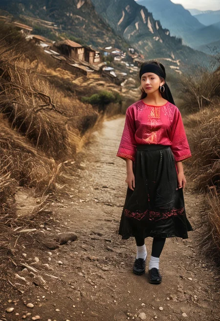 yao people, yao, chinese, solo, ethnic minority, hunan, 1girl, ((small black turban)), sarafan, (bright magenta silk tunic) ((embroidered)), realistic, detailed, ((intricate embroidery in white and black thread)), ((big silver hoop earrings)), ((black hair)), (dark black skirt), (black leggings), short white socks, small black opentop shoes, 24 years old, mountains, pathway, standing