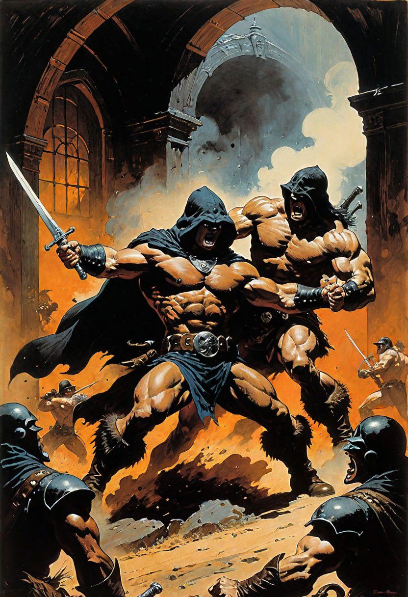 highly detailed ink drawing in the style of Frank Frazetta. 2 men fighting a formidable muscular figure shrouded in a dark hood, choking a soldier, in a rowdy tavern.
