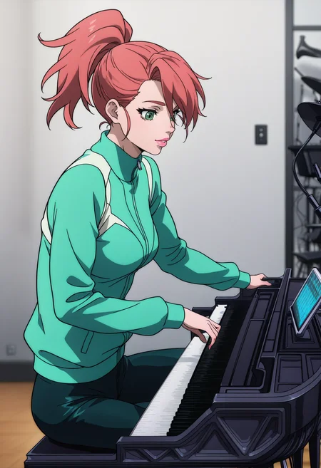 masterpiece, best quality, good quality, <lora:GTBBianca:1>, GTBBianca, 1girl, ponytail, pink hair, green eyes, pink lips, breasts,
green track jacket, dark green pants, 
playing instrument, piano,
BREAK indoors, bright background,