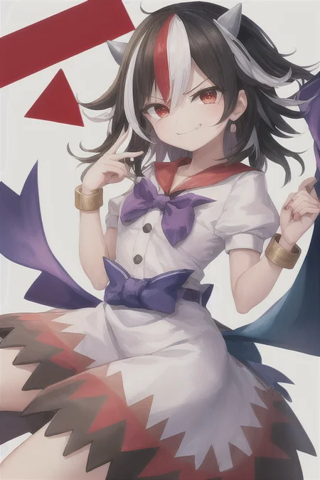 masterpiece, best quality, 1girl, solo, solo focus, (((kijin seija))), horns, red eyes, multicolored hair, (black hair), streaked hair, short hair, red hair, white hair, dress, bow, jewelry, bracelet, white dress, blue bow, puffy short sleeves, puffy sleeves, bowtie, blue bowtie, short sleeves, arrow \(symbol\), white shirt, blue sash, purple bowtie, purple bow, buttons, ribbon trim, multicolored clothes, sash, sailor collar, red sailor collar, petite, skinny, (((smug))), <lora:seijaKijin_seijaKijin:0.6>