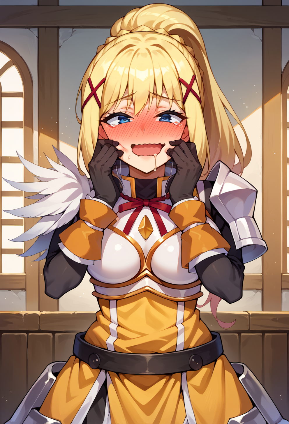 score_9, score_7_up, source_anime, solo, BREAK  <lora:AEDarkness:1> AEDarknessDef, Blue eyes, Blonde Hair, Braid, high ponytail, x hair ornament, Armored Dress, Breastplate, neck ribbon, red ribbon, Shoulder armor, Belt, Black Gloves, full-face blush, hands on own cheeks, yandere trance, wavy mouth,  smile, open mouth, saliva,  indoors,