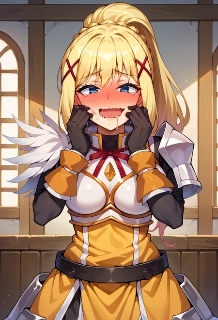 score_9, score_7_up, source_anime, solo, BREAK <lora:AEDarkness:1> AEDarknessDef, Blue eyes, Blonde Hair, Braid, high ponytail, x hair ornament, Armored Dress, Breastplate, neck ribbon, red ribbon, Shoulder armor, Belt, Black Gloves, full-face blush, hands on own cheeks, yandere trance, wavy mouth, smile, open mouth, saliva, indoors,
