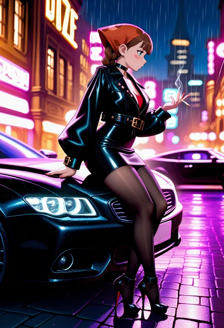 cinematic film still concept art masterpiece, best quality, amazing quality, intricate detail, highly detailed, absurdres,
 lubava, 1girl, braid, brown hair, solo,  blush stickers, blue eyes, twin braids, mature, sexy, breast,
,cropped black gold jacket,  bubble butt,  miniskirt,  sheer tights, scuffed designer heels, diamond choker hanging loose on a fragile neck, smoky eyes that haven't slept in days, nails chipped but still painted deep crimson. Leaning against a matte black luxury car, cigarette burning between cold fingers, city lights reflecting off rain-soaked pavement. A silent phone in a crocodile leather clutch, engine humming low like a distant memory, night,
 <lora:illustrious_noobai_epsilon_pred_1_best_quality_v1:1> masterpiece, best quality, very aesthetic, absurdres <lora:noobai_vpred_1_masterpieces_v23:1> masterpiece, best quality, very aesthetic <lora:lubava-20:1>  . digital artwork, illustrative, painterly, matte painting, highly detailed . shallow depth of field, vignette, highly detailed, high budget Hollywood movie, bokeh, cinemascope, moody, epic, gorgeous, film grain, grainy