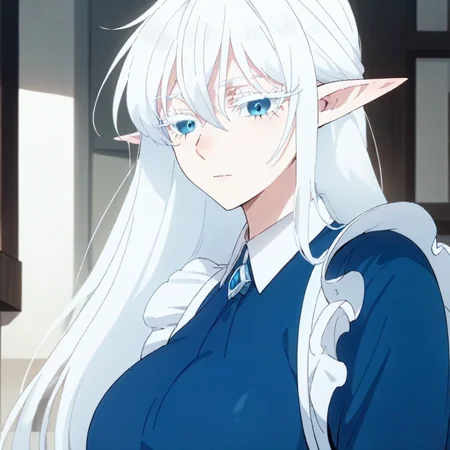 score_9, score_8_up, score_7_up, BREAK source_anime, schnee raizar, blue eyes, white eyelashes, white hair, long hair, large breasts, pointy ears, long blue dress, white apron, long sleeves,