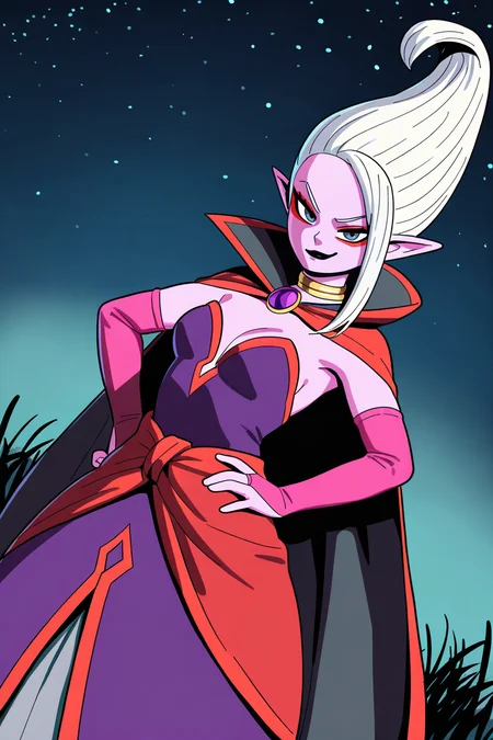 masterpiece, best quality,,arinsu,1girl,solo, pink skin, pointy ears, white hair, hair slicked up, blue-grey eyes, red eyeliner, black lips, asymmetrical bangs,front slit, purple layered dress, strapless dress,red sash,red cape, two-sided cape, pink bridal gauntlets,purple brooch, gold neck ring, hand on own hip, smirk,looking at viewer, outdoors, night, starry sky, grass, nose,dutch angle, grey long skirt,purple dress,red trim <lora:DrArinsuIllusV2:1>