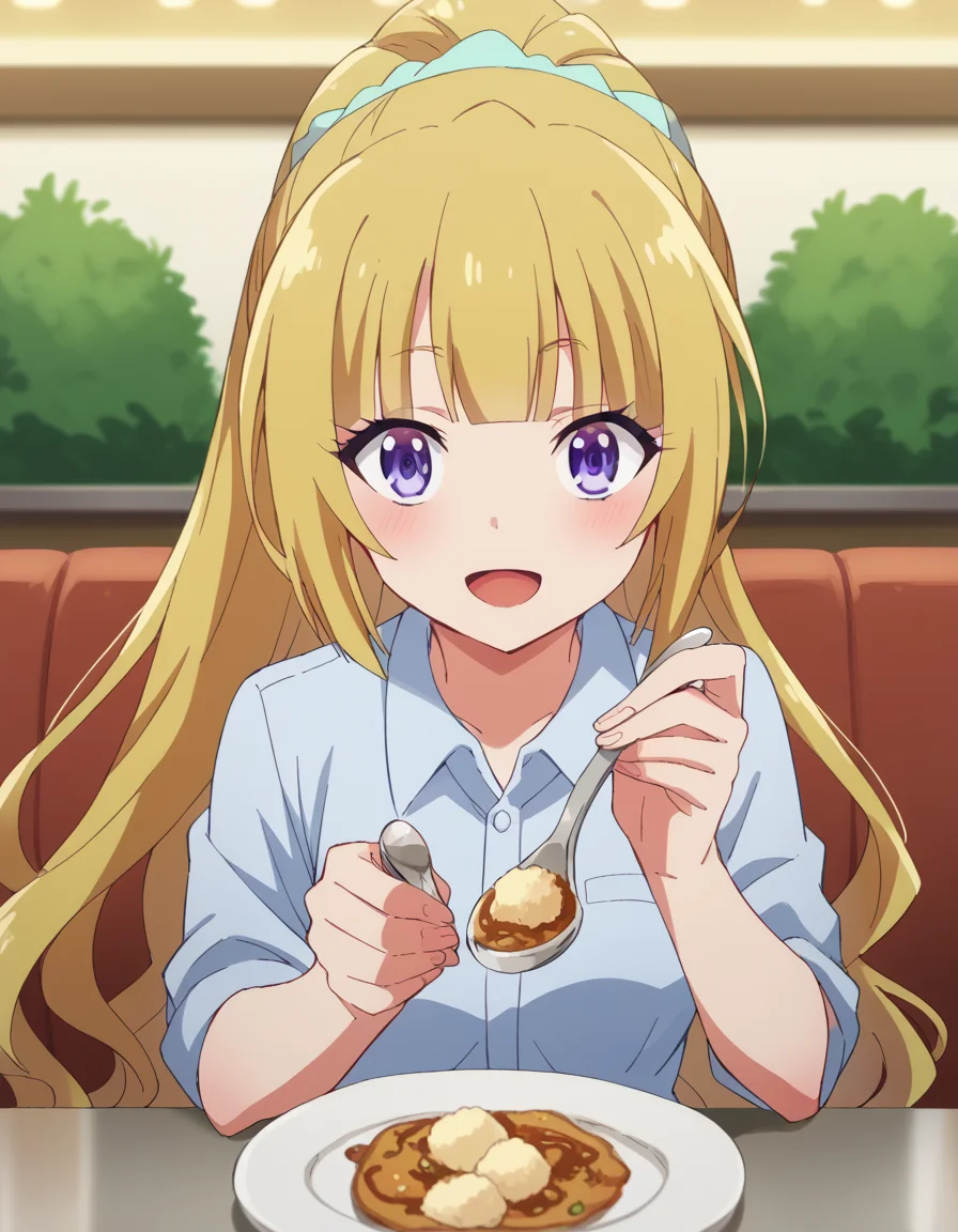 score_9, score_8_up, score_7_up, source_anime, <lora:kei-karuizawa-anime-s2-ponyxl-lora-nochekaiser:1>, kei karuizawa, long hair, bangs, blunt bangs, purple eyes, blonde hair, hair ornament, ponytail, scrunchie, blue scrunchie, medium breasts,, <lora:incoming-spoon-ponyxl-lora-nochekaiser:1> incoming food, spoon, holding, holding spoon, food, looking at viewer, open mouth, blush, smile, restaurant, plate, hand up,, ,