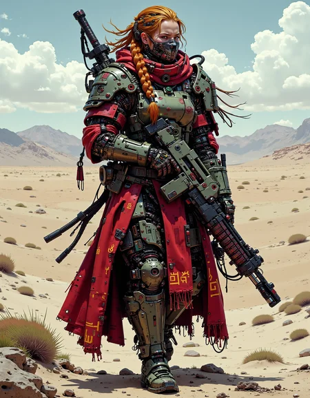 a fullb ody shot of tall vikingpunk woman holding an red mad-srgns m41a rifle, she is wearing a futuristic plate armor with face mask and red cloak that are covered in celtic runes, her ginger braided hair floats in the wind as she through a barren desert, <lora:ck-nc-pastel-cyberpunk:1.2> <lora:fluxVikingPunk:0.6> <lora:M41A_FLUX_000000800:0.8>