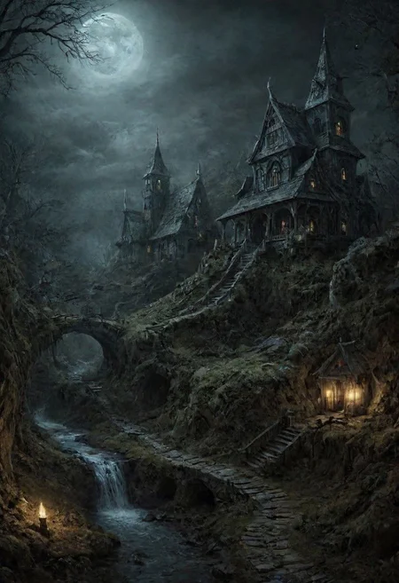 dreamscape a surreal dreamscape of a dark scifi fairy village,filled with ethereal mystery amidst fantastical elements that captivate viewers in an enchanting manner.,
surreal,ethereal,dreamy,mysterious,fantasy,highly detailed,<lora:   _ FantacyWorld_v1.0:0.5>,