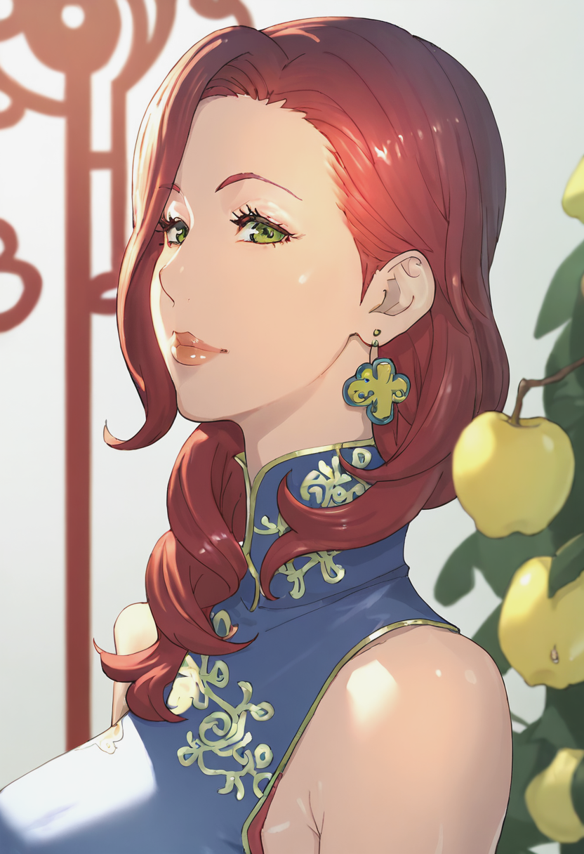 score_9, score_8_up, score_7_up, 1girl, mature_female, large_breasts, portrait, solo, Kneeling and mimicking feeding a little bird, fisheye, (Pear china dress (cheongsam/qipao)), Red hair, cropped_shoulders, rating_safe, <lora:pony\artist_styles\kotoyoshi_yumisuke_pony:1.0>