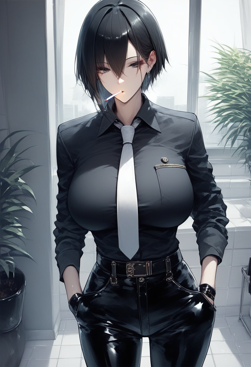 score_9, score_8_up, score_7_up, score_6_up, source_anime, <lora:RLI 0.2v:1>, RLI,
1girl, necktie, solo, gloves, holding cigarette, cigarette, black hair, shirt, holding, breasts, black gloves, black shirt, large breasts, pants, black pants, belt, white necktie, hair between eyes, hand in pocket, looking at viewer, smoking, smoke, collared shirt, short hair, tiles, indoors, black eyes, plant, half gloves, bangs, long sleeves, parted lips, tile floor