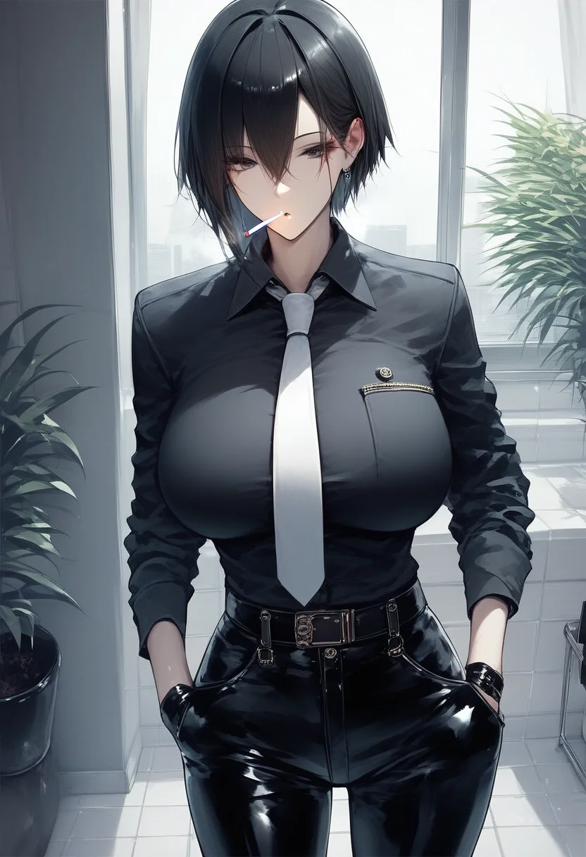 score_9, score_8_up, score_7_up, score_6_up, source_anime, <lora:RLI 0.2v:1>, RLI,
1girl, necktie, solo, gloves, holding cigarette, cigarette, black hair, shirt, holding, breasts, black gloves, black shirt, large breasts, pants, black pants, belt, white necktie, hair between eyes, hand in pocket, looking at viewer, smoking, smoke, collared shirt, short hair, tiles, indoors, black eyes, plant, half gloves, bangs, long sleeves, parted lips, tile floor