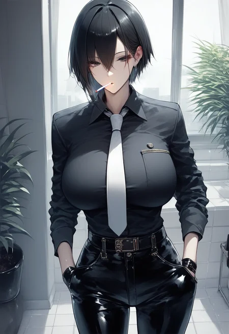 score_9, score_8_up, score_7_up, score_6_up, source_anime, <lora:RLI 0.2v:1>, RLI,
1girl, necktie, solo, gloves, holding cigarette, cigarette, black hair, shirt, holding, breasts, black gloves, black shirt, large breasts, pants, black pants, belt, white necktie, hair between eyes, hand in pocket, looking at viewer, smoking, smoke, collared shirt, short hair, tiles, indoors, black eyes, plant, half gloves, bangs, long sleeves, parted lips, tile floor