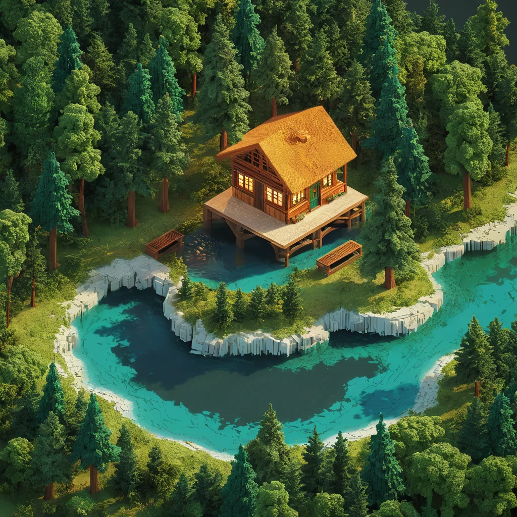 isometric style small cabin, forest, river, tilemapstyle, voxell, square, scenery, <lora:TileMapStyle_v1:0.85> . vibrant, beautiful, crisp, detailed, ultra detailed, intricate