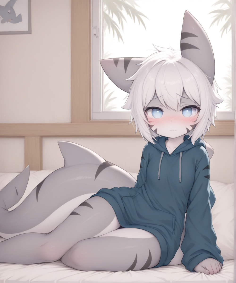 best quality, masterpiece, high detail, <lora:Shark_Changedv2:1> Shark_Changedv2, 1girl, big tail, short white hair, tall body, detailed eyes, shy, thoughtful face, in a big hoodie, looks at the viewer, room with an open window with the beach in the background, cute sitting,