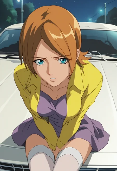 score_9, score_8_up, score_7_up, score_6_up, anime screencap, anime coloring, <lora:TheUrotsukiMob1_epoch_9:0.9>, MinakoHaruno, 1girl, solo, orange hair, short hair, blue eyes, breasts,
yellow jacket, long sleeves, purple dress, white thighhighs, legs, open jacket, 
looking at viewer, sitting on car hood, (white car:1.1), arms between legs, from above, motor vehicle, ground vehicle, 
BREAK (street:1.1), night sky, night, lamppost,