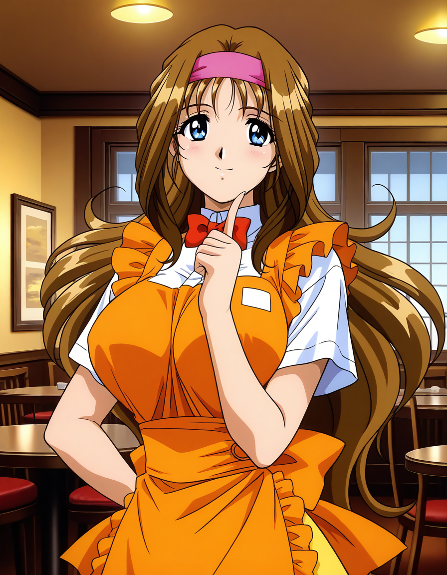 general,highres, ultra-detailed,very aesthetic,best quality ,best hands,  BREAK <lora:Kokubo_Reika_OVA_IS:1>
Kokubo_Reika_OVA, brown hair, long hair, blue eyes, large breasts, 1girl, solo, hairband, waitress, bow, smile, orange apron, BREAK,
 restaurant, room,