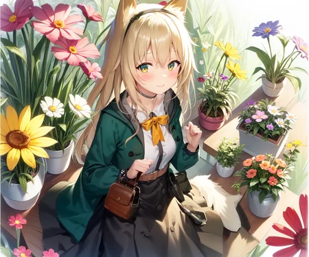 masterpiece, best quality, 1girl, Podenco, a flowerpot, <lora:ptc-000004:1>, little smile, multicolored background, flower, dynamic color,