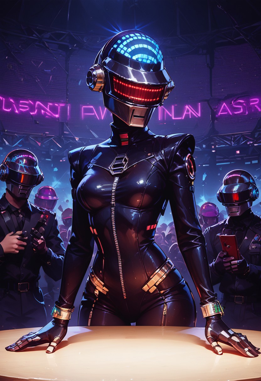 score_9, score_8_up, score_7_up, rave, helmet, skintight bodysuit, dj, Tron, mix table, concert, linear laser light show, crowd, dark tone, bright lasers, edm, edm concert, high energy, edm mix, laser beams, neon light show, highly detailed, intricate, zzCitronLegacy, daft punk, daft punk helmet, 1girl, adult